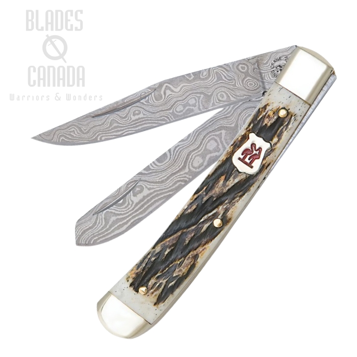 Kissing Crane Burnt Bone Trapper Folding Knife, Damascus, KC5101D